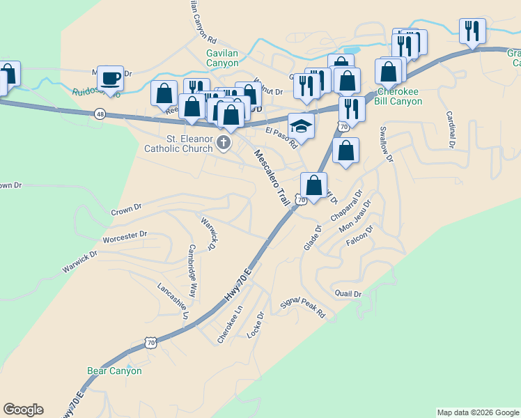 map of restaurants, bars, coffee shops, grocery stores, and more near 400 U.S. 70 in Ruidoso