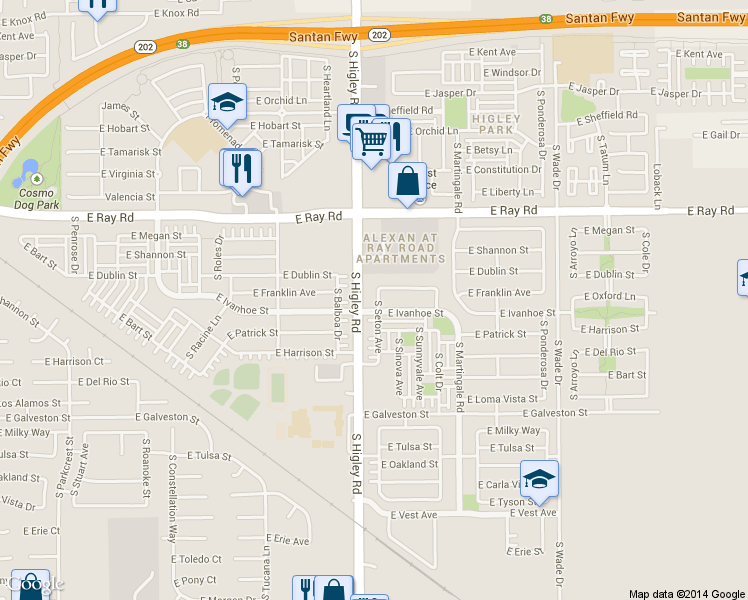 map of restaurants, bars, coffee shops, grocery stores, and more near 3258 East Ivanhoe Street in Gilbert
