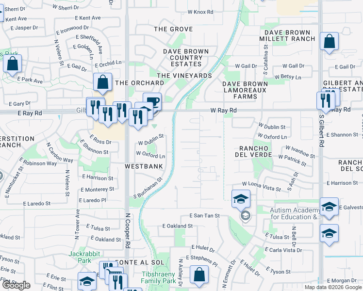 map of restaurants, bars, coffee shops, grocery stores, and more near 14226 South 131st Street in Gilbert