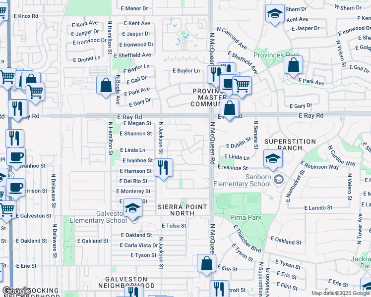 map of restaurants, bars, coffee shops, grocery stores, and more near East New Castle Drive in Chandler