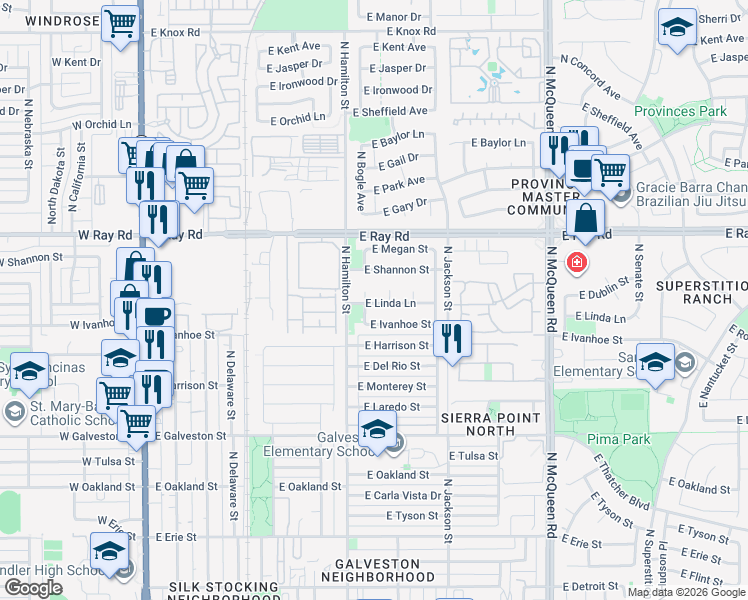 map of restaurants, bars, coffee shops, grocery stores, and more near 683 East Linda Lane in Chandler