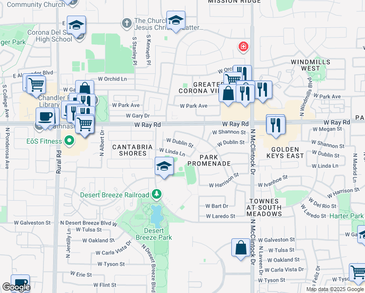map of restaurants, bars, coffee shops, grocery stores, and more near 4402 West Linda Lane in Chandler
