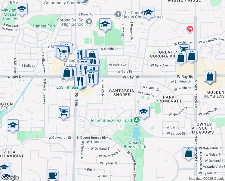 map of restaurants, bars, coffee shops, grocery stores, and more near 4659 West Linda Lane in Chandler