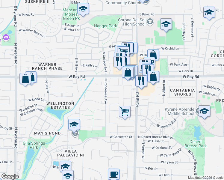 map of restaurants, bars, coffee shops, grocery stores, and more near 5181 West Shannon Street in Chandler