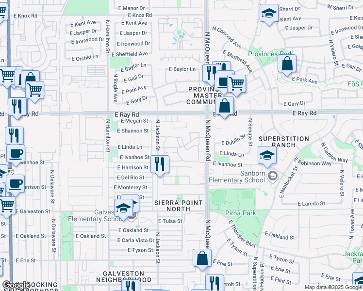 map of restaurants, bars, coffee shops, grocery stores, and more near East New Castle Drive in Chandler