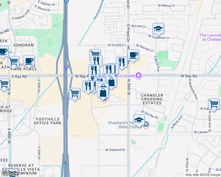map of restaurants, bars, coffee shops, grocery stores, and more near 7131 West Ray Road in Chandler