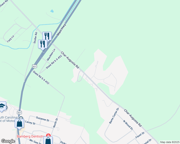 map of restaurants, bars, coffee shops, grocery stores, and more near 90 River Birch Road in Bamberg