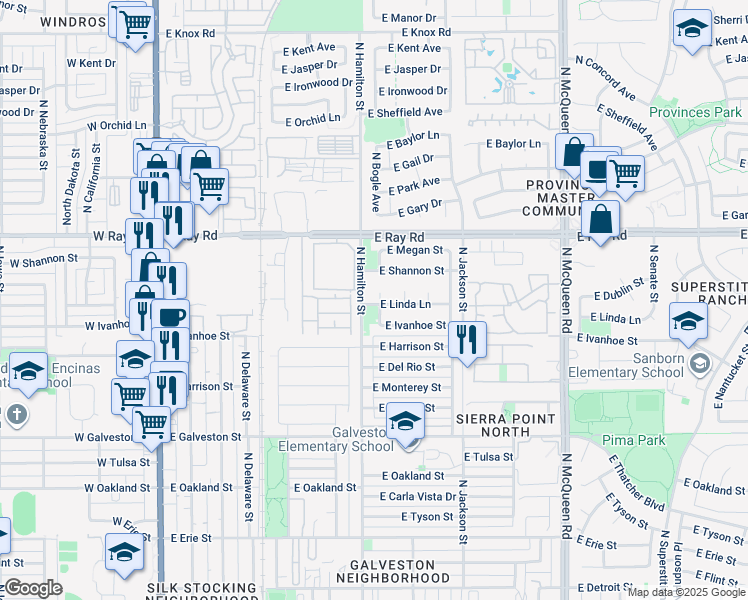 map of restaurants, bars, coffee shops, grocery stores, and more near 850 North Bogle Court in Chandler