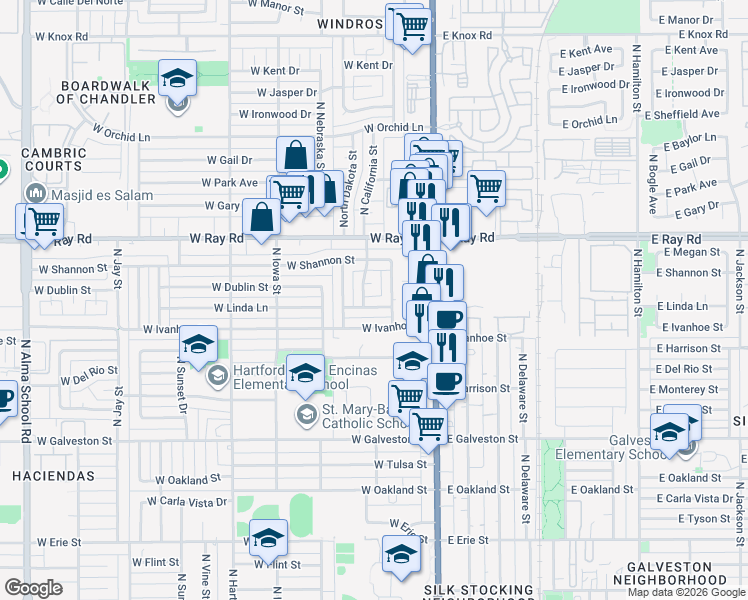 map of restaurants, bars, coffee shops, grocery stores, and more near 143 West Linda Lane in Chandler