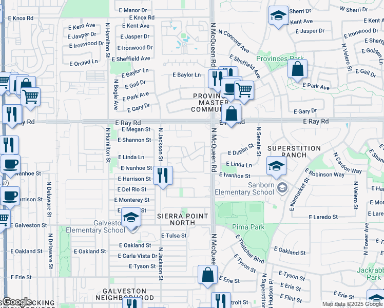 map of restaurants, bars, coffee shops, grocery stores, and more near East New Castle Drive in Chandler