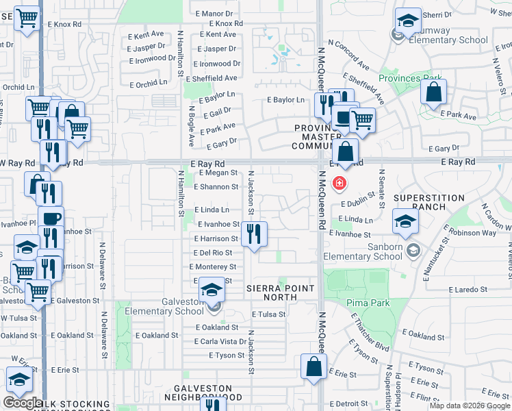 map of restaurants, bars, coffee shops, grocery stores, and more near Townhouses at New Castle in Chandler