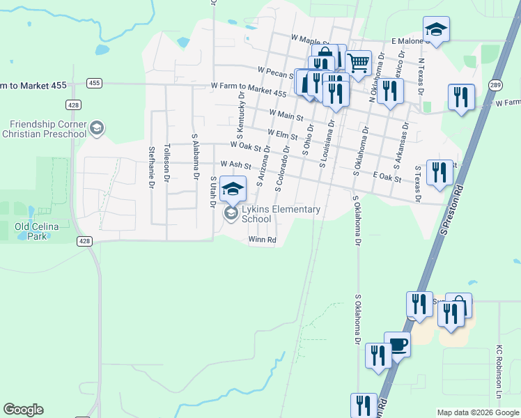 map of restaurants, bars, coffee shops, grocery stores, and more near 619 South Arizona Drive in Celina