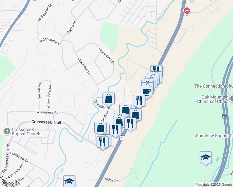 map of restaurants, bars, coffee shops, grocery stores, and more near 1913 Chandalar Court in Pelham