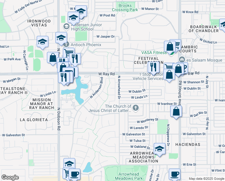 map of restaurants, bars, coffee shops, grocery stores, and more near 1551 West Dublin Court in Chandler