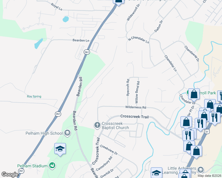 map of restaurants, bars, coffee shops, grocery stores, and more near 899 Roundhill Road in Pelham