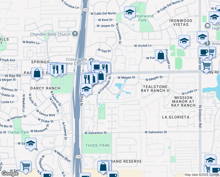 map of restaurants, bars, coffee shops, grocery stores, and more near 853 North Benson Lane in Chandler