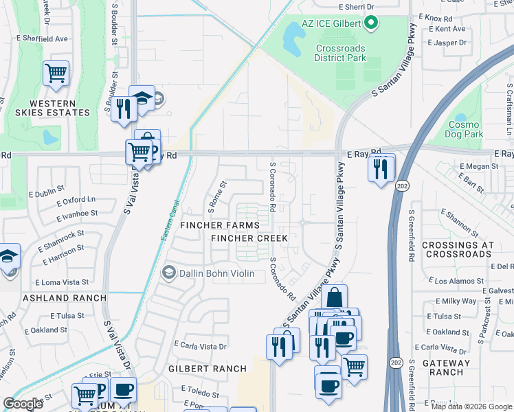 map of restaurants, bars, coffee shops, grocery stores, and more near 1927 Emily Lane in Gilbert
