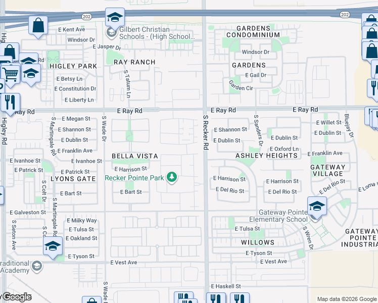 map of restaurants, bars, coffee shops, grocery stores, and more near 3936 East Oxford Lane in Gilbert
