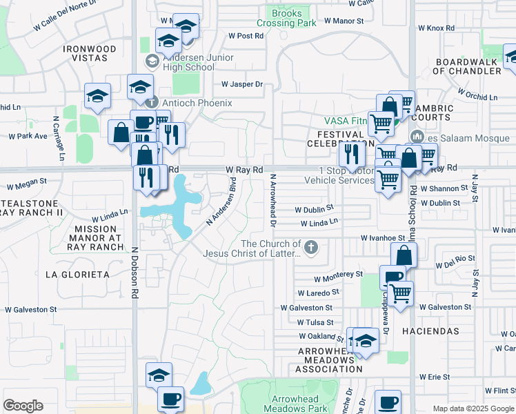 map of restaurants, bars, coffee shops, grocery stores, and more near 1551 West Dublin Court in Chandler