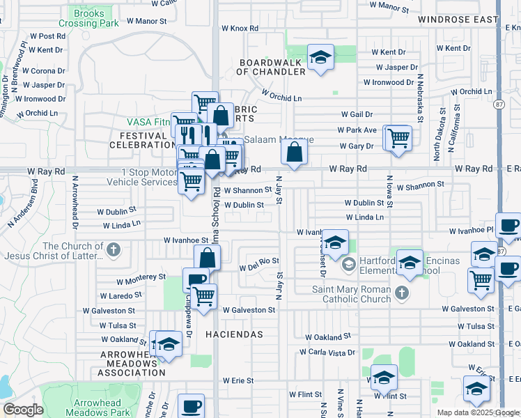 map of restaurants, bars, coffee shops, grocery stores, and more near 825 North Dublin Street in Chandler