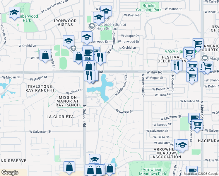 map of restaurants, bars, coffee shops, grocery stores, and more near 1825 West Ray Road in Chandler