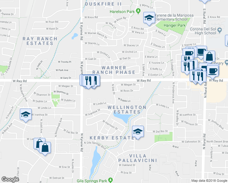 map of restaurants, bars, coffee shops, grocery stores, and more near 7464 West Ross Drive in Chandler