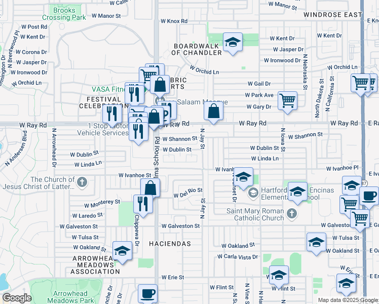 map of restaurants, bars, coffee shops, grocery stores, and more near 825 North Dublin Street in Chandler