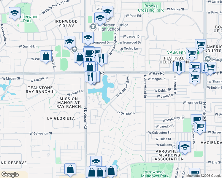 map of restaurants, bars, coffee shops, grocery stores, and more near 1825 West Ray Road in Chandler