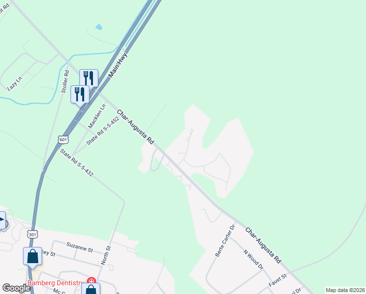 map of restaurants, bars, coffee shops, grocery stores, and more near 90 River Birch Road in Bamberg