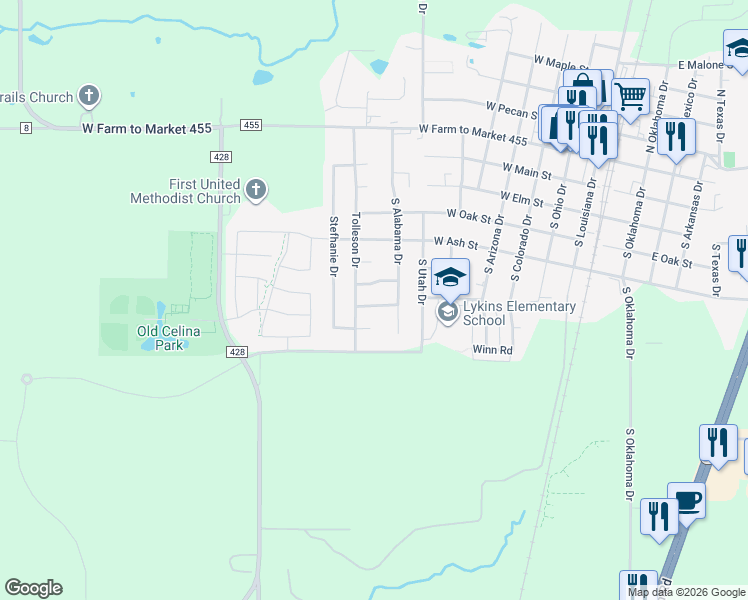 map of restaurants, bars, coffee shops, grocery stores, and more near 860 Mellanie Court in Celina