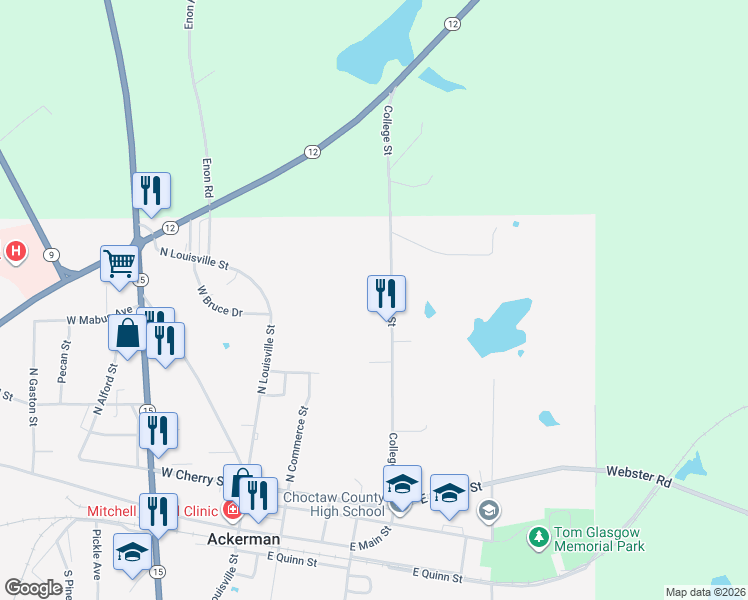map of restaurants, bars, coffee shops, grocery stores, and more near 499 College Street in Ackerman