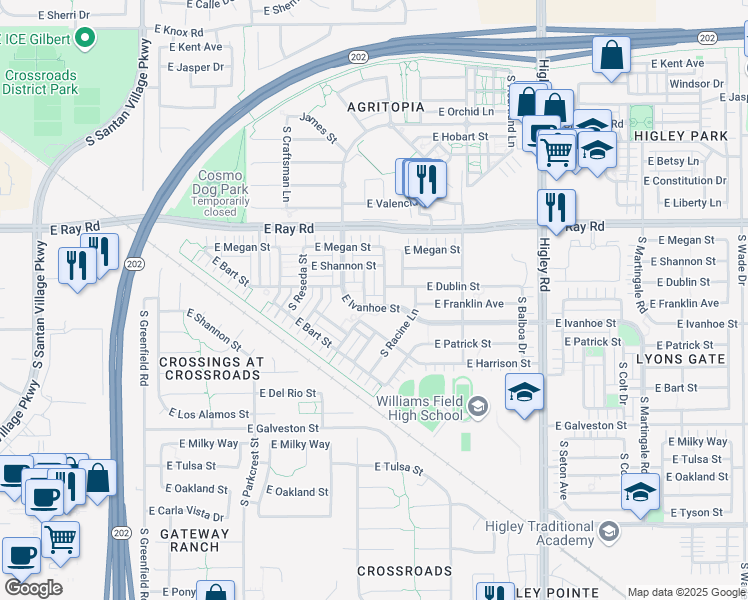 map of restaurants, bars, coffee shops, grocery stores, and more near 2864 East Ivanhoe Street in Gilbert