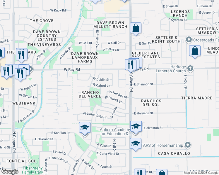 map of restaurants, bars, coffee shops, grocery stores, and more near 1762 South Alder Street in Gilbert