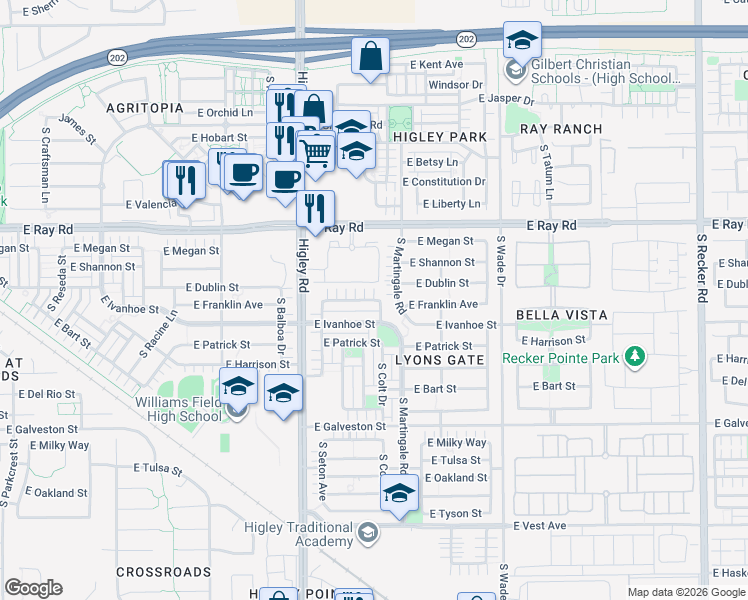map of restaurants, bars, coffee shops, grocery stores, and more near 3344 East Franklin Avenue in Gilbert