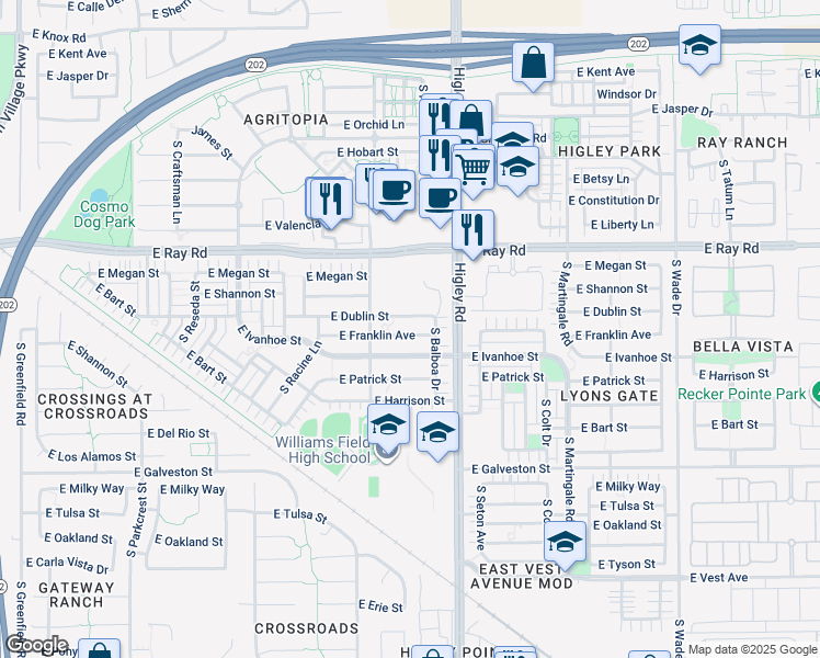 map of restaurants, bars, coffee shops, grocery stores, and more near 3116 East Ivanhoe Street in Gilbert