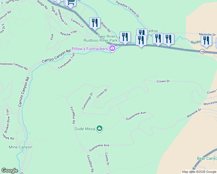 map of restaurants, bars, coffee shops, grocery stores, and more near 225 Crown Dr in Ruidoso
