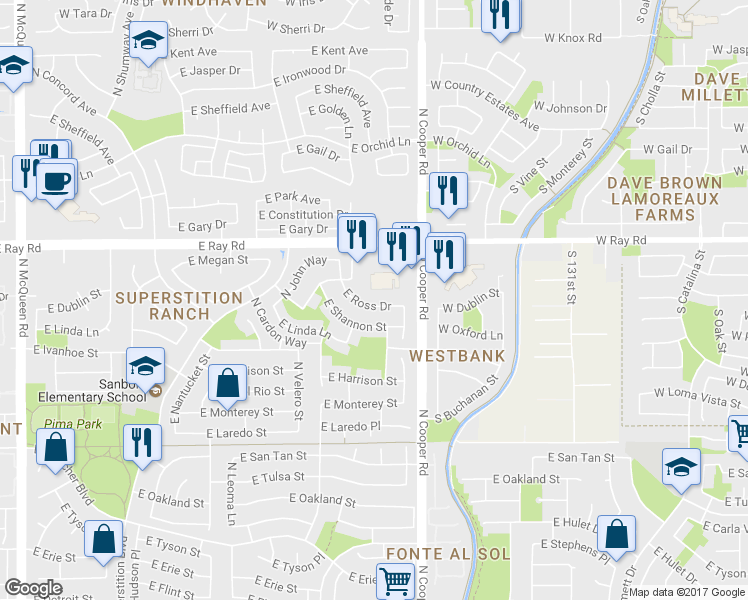 map of restaurants, bars, coffee shops, grocery stores, and more near 1920 East Ross Drive in Chandler