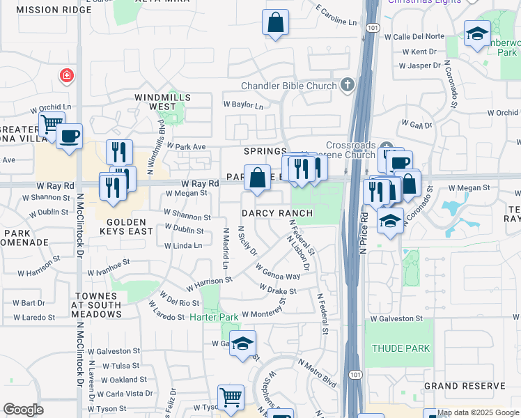 map of restaurants, bars, coffee shops, grocery stores, and more near 3351 West Ross Drive in Chandler