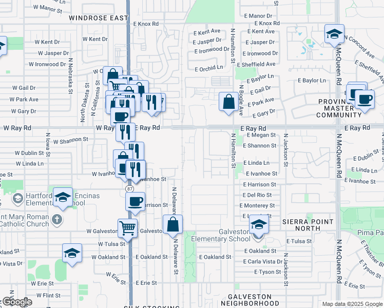 map of restaurants, bars, coffee shops, grocery stores, and more near 411 East Ray Road in Chandler