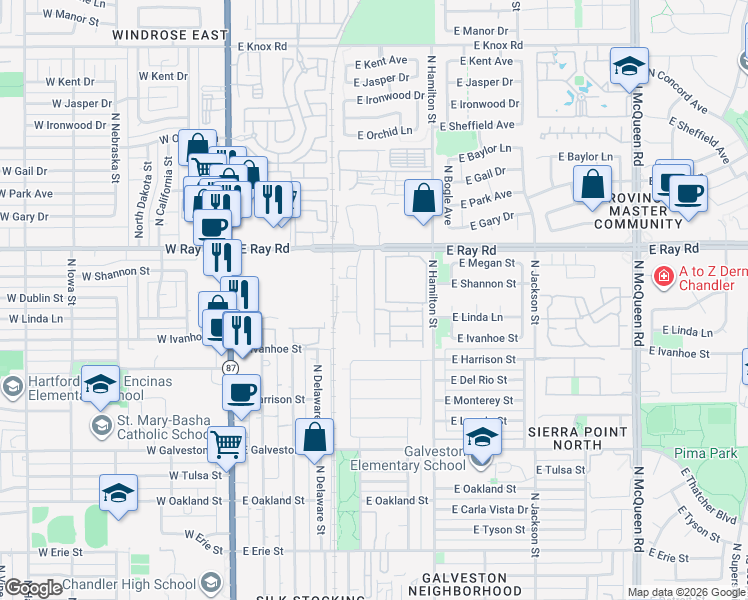 map of restaurants, bars, coffee shops, grocery stores, and more near 411 East Ray Road in Chandler