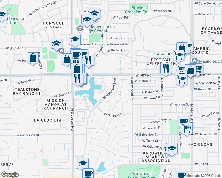 map of restaurants, bars, coffee shops, grocery stores, and more near 1825 West Ray Road in Chandler