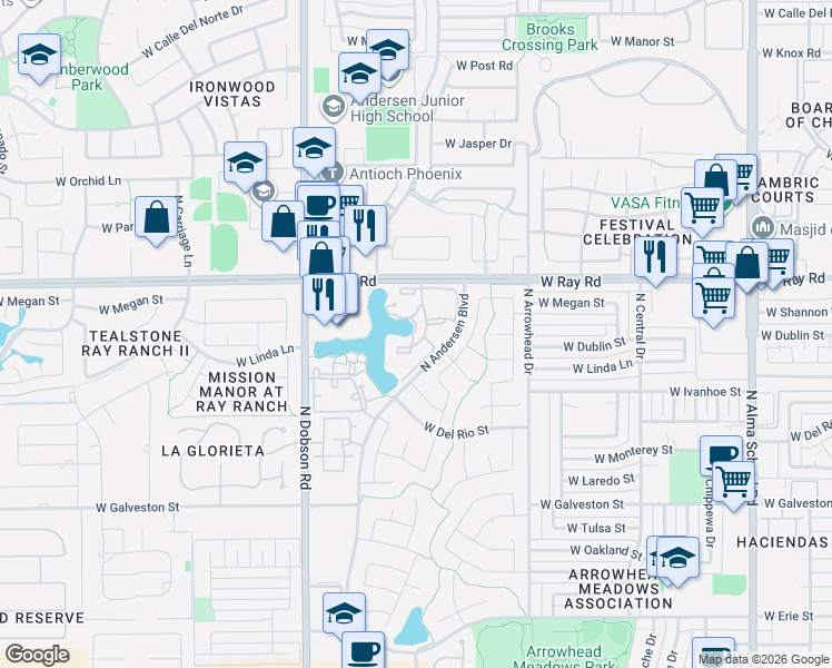 map of restaurants, bars, coffee shops, grocery stores, and more near 1825 West Ray Road in Chandler