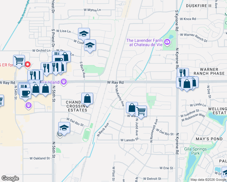 map of restaurants, bars, coffee shops, grocery stores, and more near 6480 West Megan Court in Chandler
