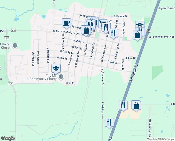 map of restaurants, bars, coffee shops, grocery stores, and more near 112 Texas 289 Business in Celina