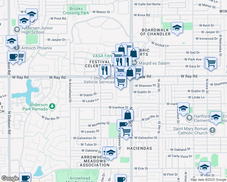 map of restaurants, bars, coffee shops, grocery stores, and more near 1110 West Dublin Street in Chandler