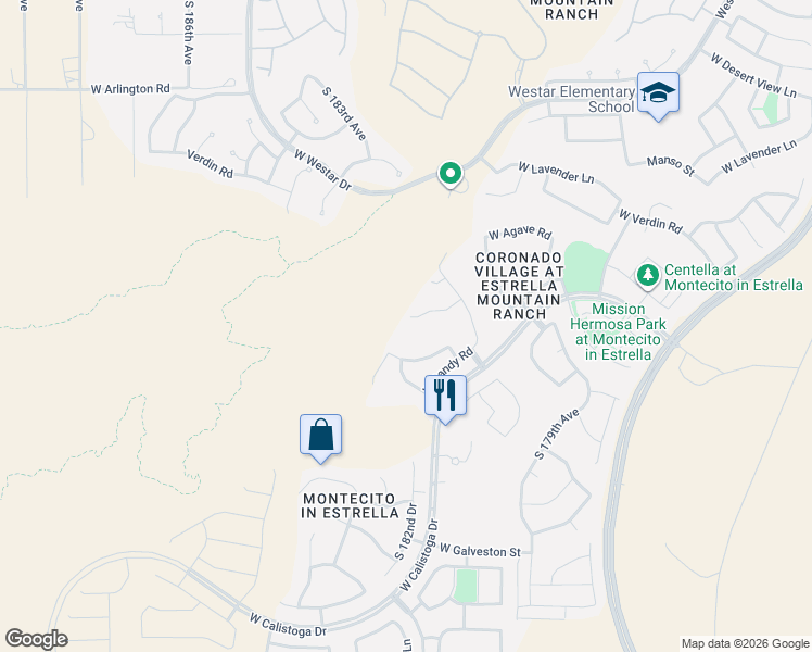 map of restaurants, bars, coffee shops, grocery stores, and more near 18188 West Cassia Way in Goodyear