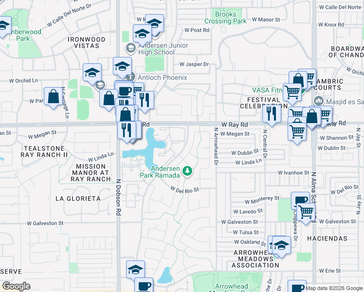 map of restaurants, bars, coffee shops, grocery stores, and more near 1825 West Ray Road in Chandler