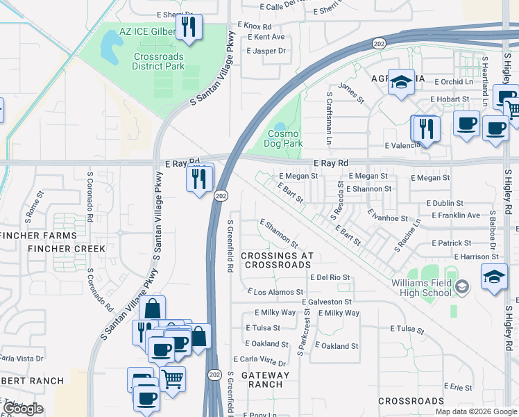 map of restaurants, bars, coffee shops, grocery stores, and more near 1702 South Pico Court in Gilbert