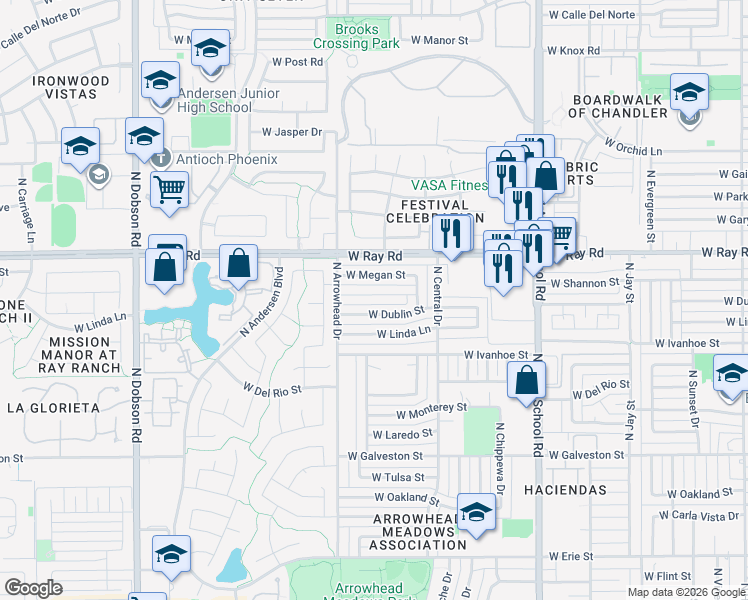 map of restaurants, bars, coffee shops, grocery stores, and more near 1409 West Megan Street in Chandler