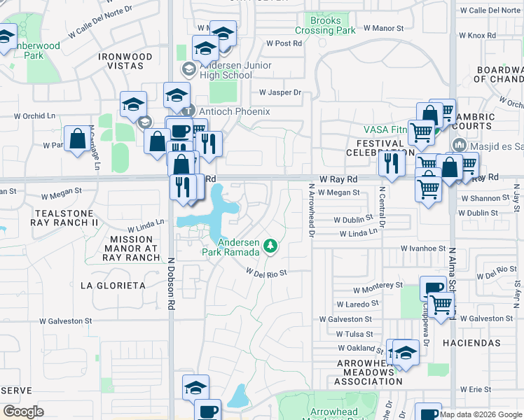 map of restaurants, bars, coffee shops, grocery stores, and more near 1825 West Ray Road in Chandler